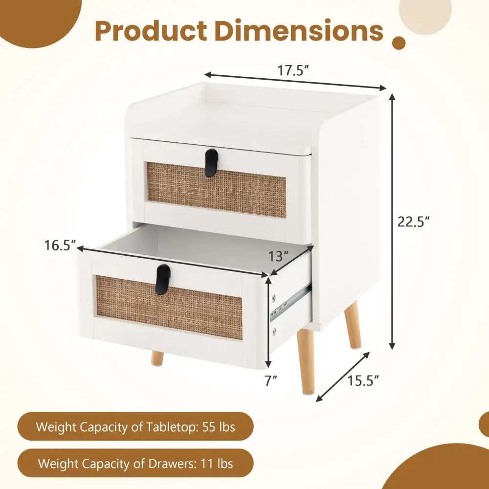 Modern End Table Bedside Table with 2 Rattan Decorated Drawers-White - White - Bedroom