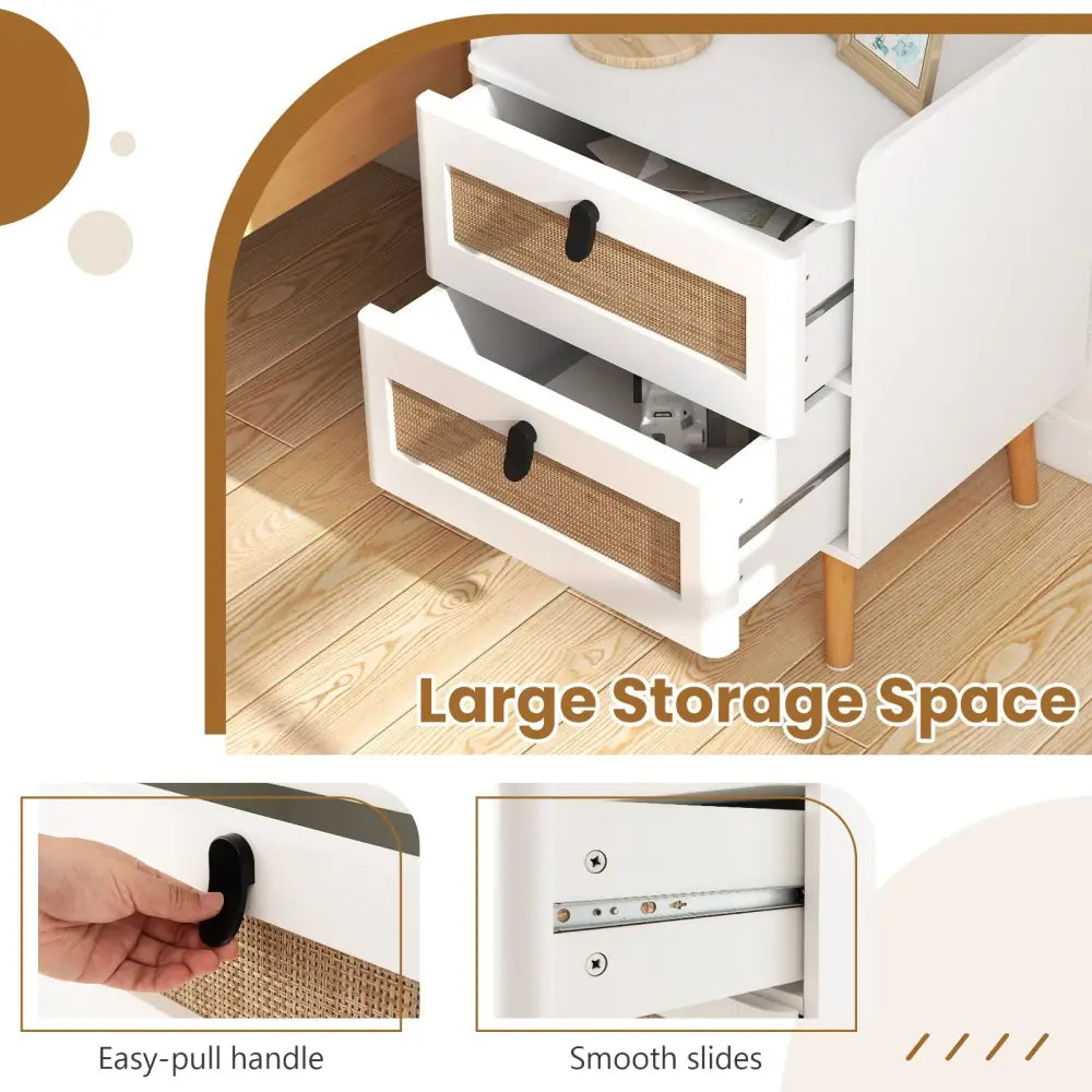 Modern End Table Bedside Table with 2 Rattan Decorated Drawers-White - White - Bedroom
