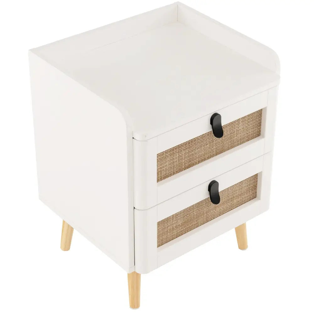 Modern End Table Bedside Table with 2 Rattan Decorated Drawers-White - White - Bedroom