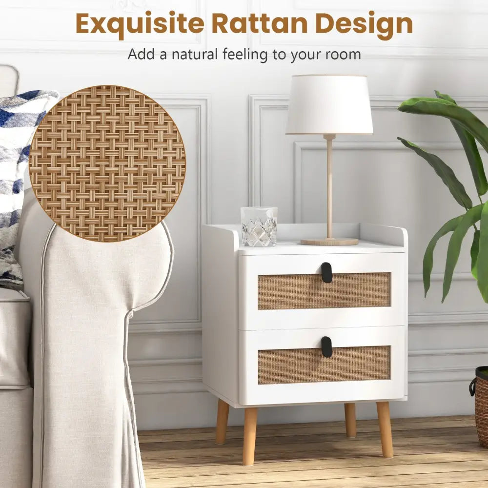 Modern End Table Bedside Table with 2 Rattan Decorated Drawers-White - White - Bedroom