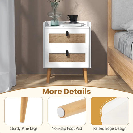 Modern End Table Bedside Table with 2 Rattan Decorated Drawers-White - White - Bedroom
