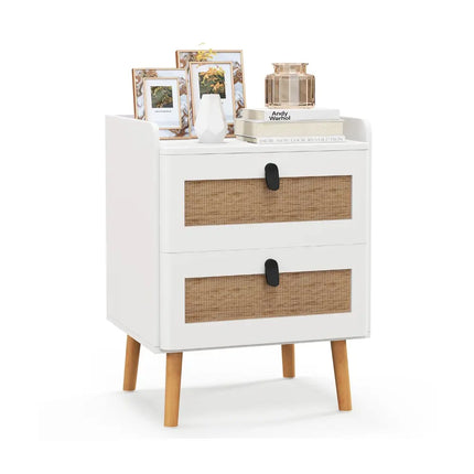 Modern End Table Bedside Table with 2 Rattan Decorated Drawers-White - White - Bedroom