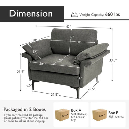 Modern Fabric Accent Armchair with Original Distributed Spring and Armrest Cushions-Gray - Gray - Sofas & Loveseats