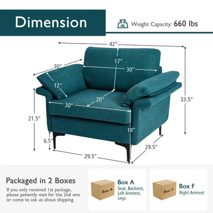Modern Fabric Accent Armchair with Original Distributed Spring and Armrest Cushions-Peacock Blue - Peacock Blue - Sofas