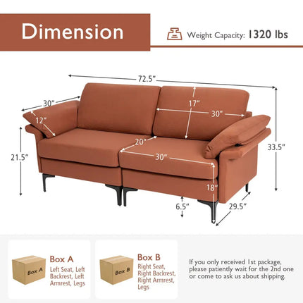 Modern Fabric Loveseat Sofa for with Metal Legs and Armrest Pillows-Rust Red - Rust - Sofas & Loveseats