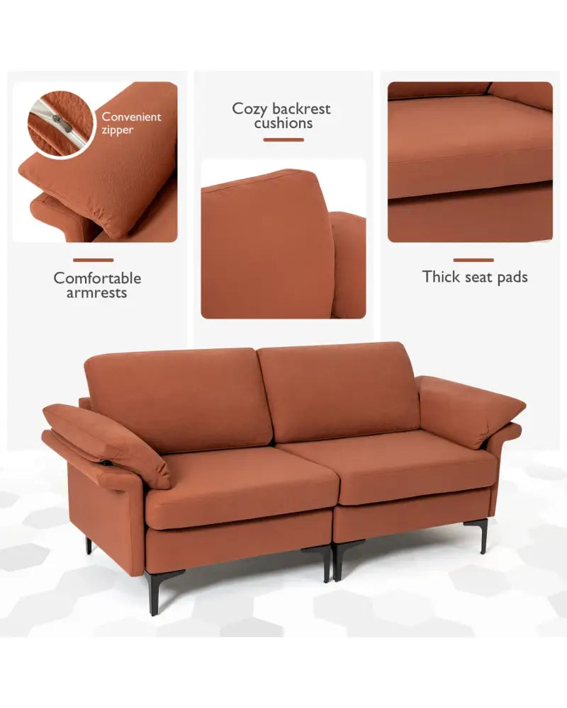Modern Fabric Loveseat Sofa for with Metal Legs and Armrest Pillows-Rust Red - Rust - Sofas & Loveseats