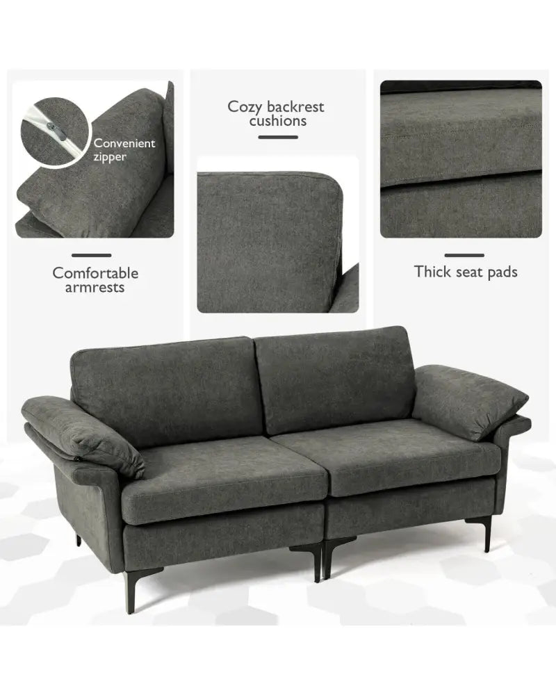 Modern Fabric Loveseat Sofa for with Metal Legs and Armrest Pillows-Gray - Gray - Sofas & Loveseats
