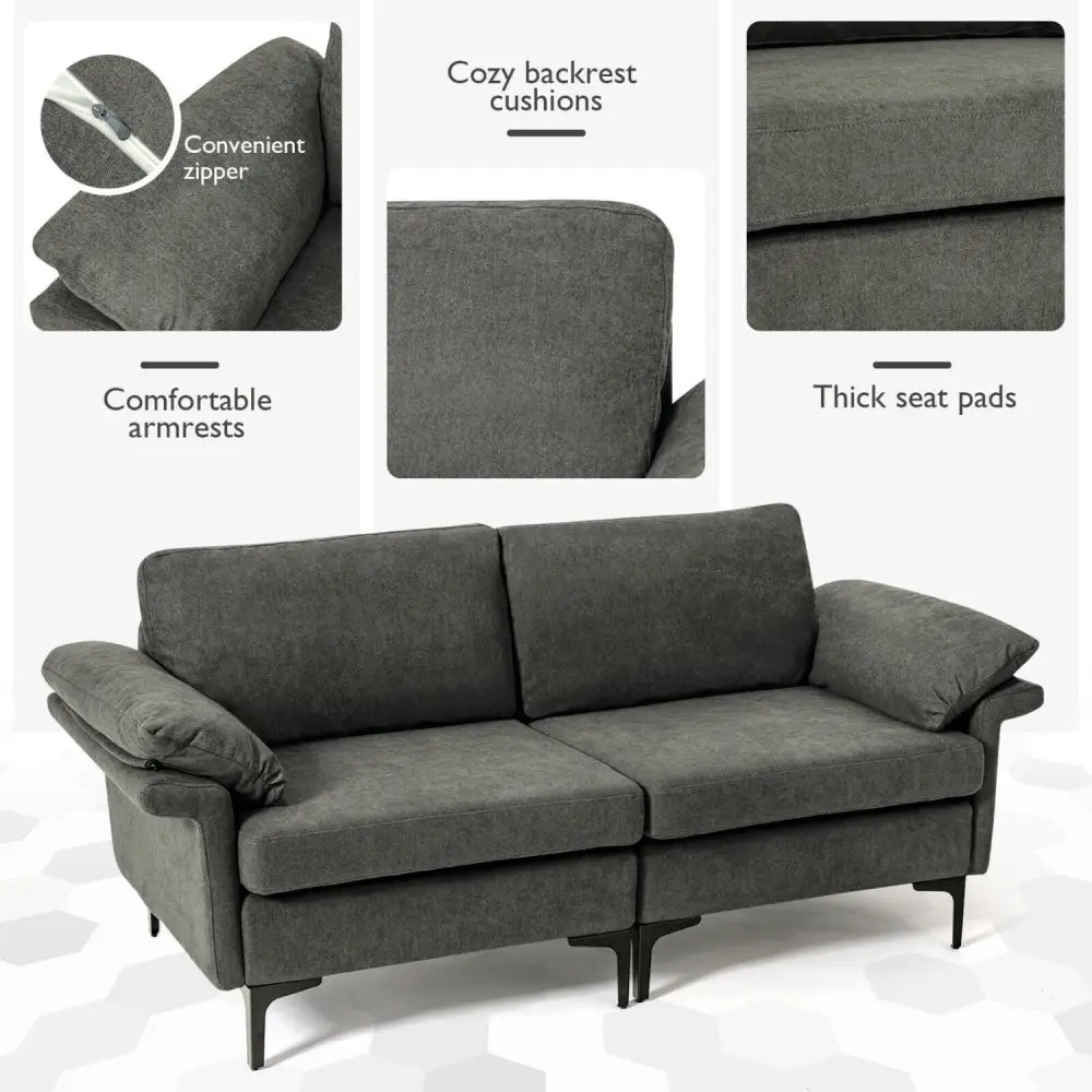 Modern Fabric Loveseat Sofa for with Metal Legs and Armrest Pillows-Gray - Gray - Sofas & Loveseats