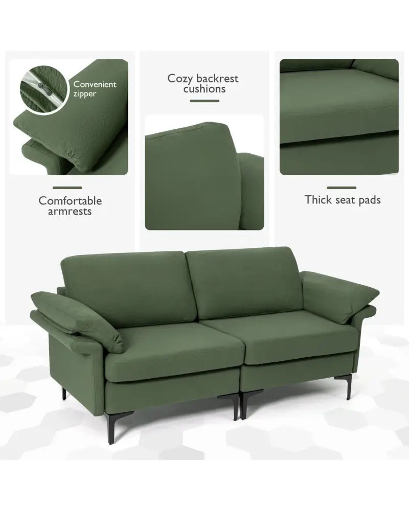 Modern Fabric Loveseat Sofa for with Metal Legs and Armrest Pillows-Army Green - Army Green - Sofas & Loveseats