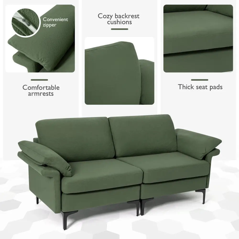 Modern Fabric Loveseat Sofa for with Metal Legs and Armrest Pillows-Army Green - Army Green - Sofas & Loveseats