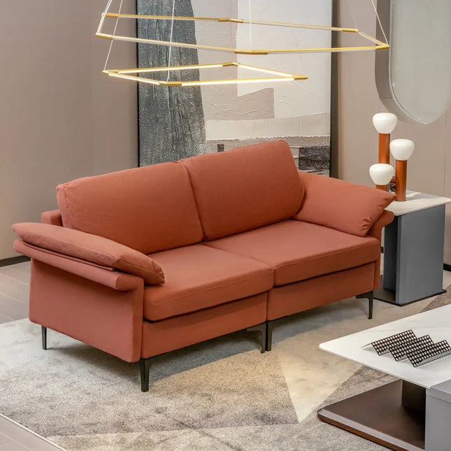Modern Fabric Loveseat Sofa for with Metal Legs and Armrest Pillows-Rust Red - Rust - Sofas & Loveseats