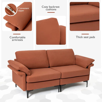 Modern Fabric Loveseat Sofa for with Metal Legs and Armrest Pillows-Rust Red - Rust - Sofas & Loveseats