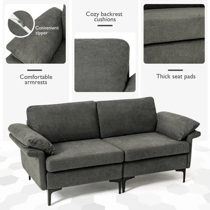 Modern Fabric Loveseat Sofa for with Metal Legs and Armrest Pillows-Gray - Gray - Sofas & Loveseats