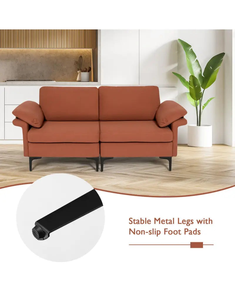 Modern Fabric Loveseat Sofa for with Metal Legs and Armrest Pillows-Rust Red - Rust - Sofas & Loveseats