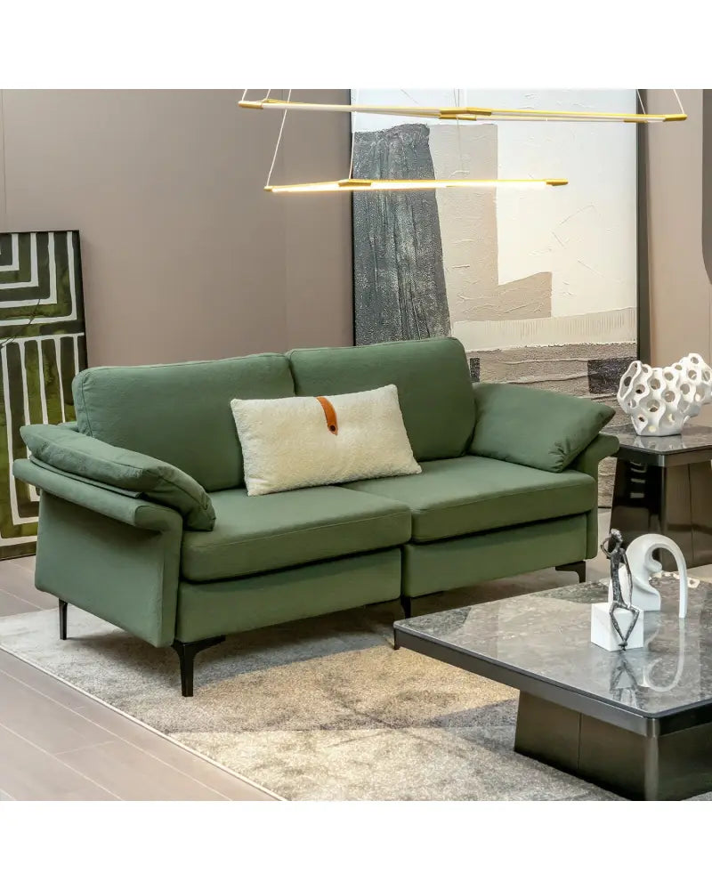 Modern Fabric Loveseat Sofa for with Metal Legs and Armrest Pillows-Army Green - Army Green - Sofas & Loveseats