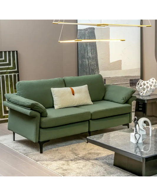 Modern Fabric Loveseat Sofa for with Metal Legs and Armrest Pillows-Army Green - Army Green - Sofas & Loveseats