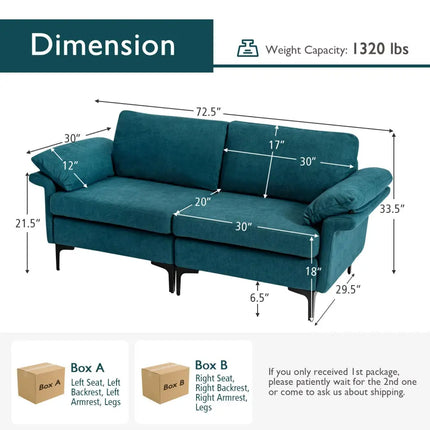 Modern Fabric Loveseat Sofa for with Metal Legs and Armrest Pillows-Peacock Blue - Peacock Blue - Sofas & Loveseats
