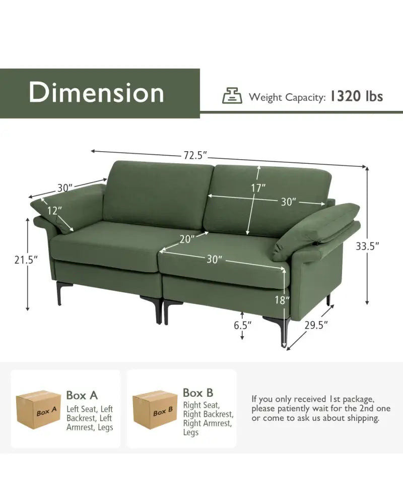 Modern Fabric Loveseat Sofa for with Metal Legs and Armrest Pillows-Army Green - Army Green - Sofas & Loveseats