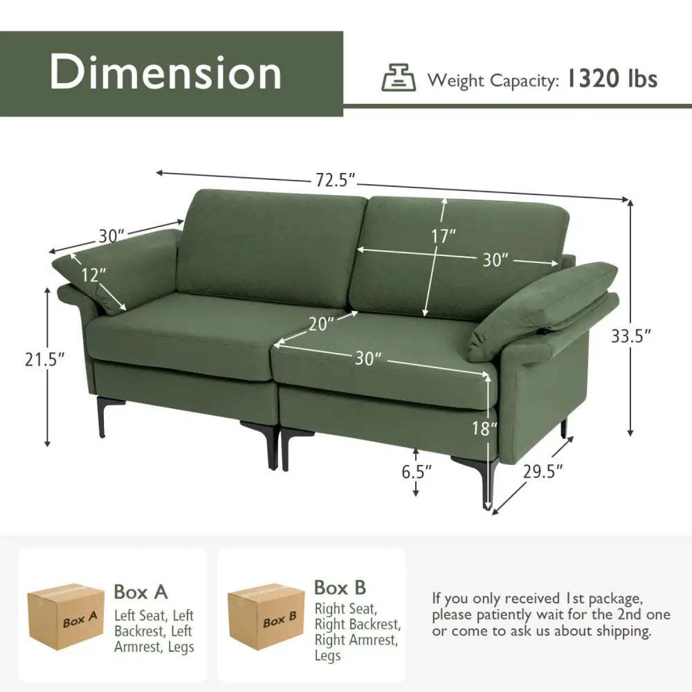 Modern Fabric Loveseat Sofa for with Metal Legs and Armrest Pillows-Army Green - Army Green - Sofas & Loveseats