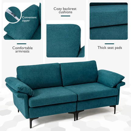 Modern Fabric Loveseat Sofa for with Metal Legs and Armrest Pillows-Peacock Blue - Peacock Blue - Sofas & Loveseats