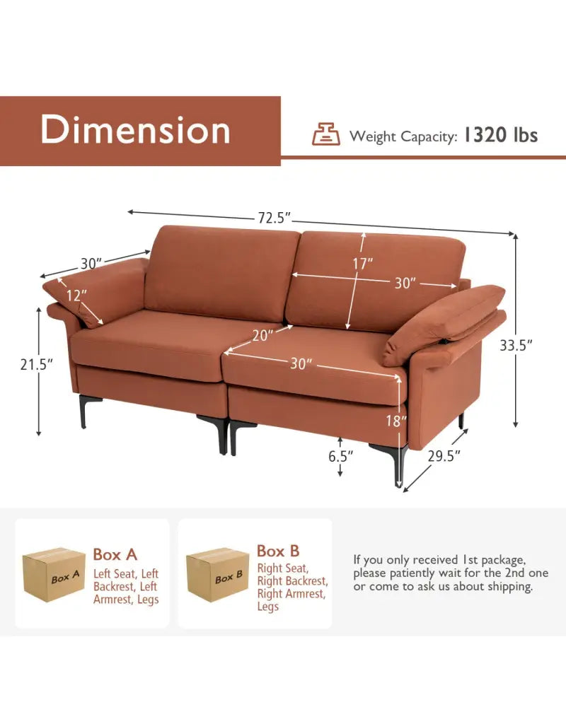 Modern Fabric Loveseat Sofa for with Metal Legs and Armrest Pillows-Rust Red - Rust - Sofas & Loveseats