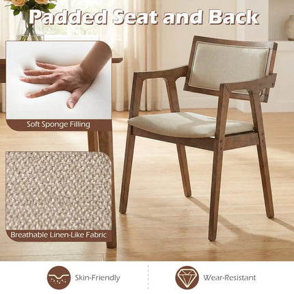 Modern Fabric Upholstered Rubber Wood Dining Chairs Set of 2 with Arms-Beige - Beige - Dining Chairs