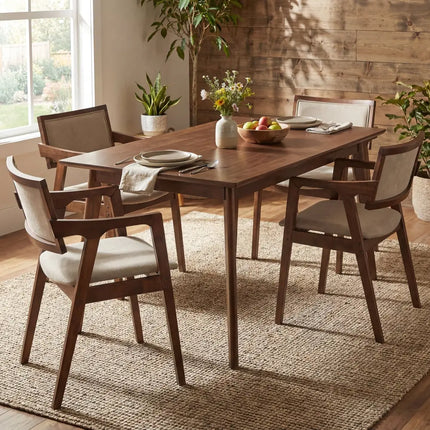 Modern Fabric Upholstered Rubber Wood Dining Chairs Set of 2 with Arms-Beige - Beige - Dining Chairs