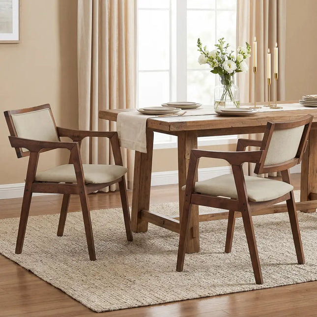 Modern Fabric Upholstered Rubber Wood Dining Chairs Set of 2 with Arms-Beige - Beige - Dining Chairs