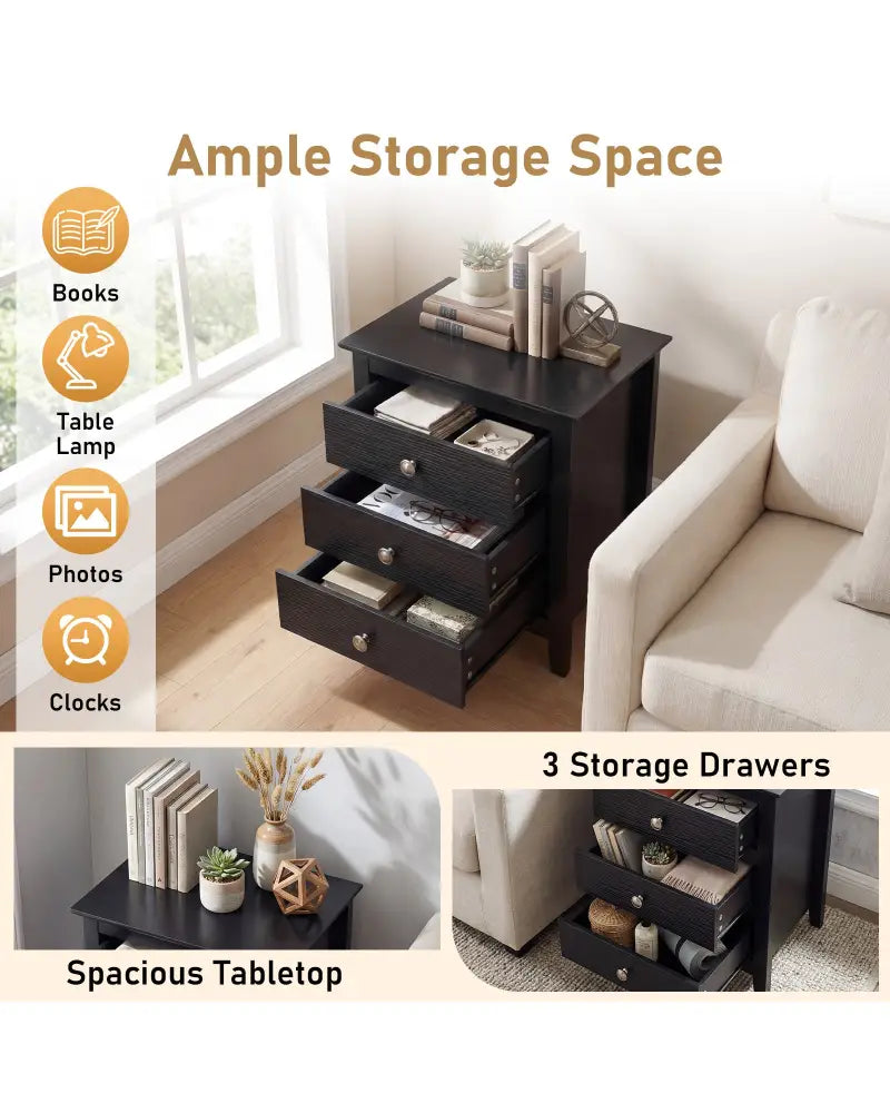 Modern Farmhouse 3-Drawer Night Stand with Wood Grain Accents for Bedroom-Black - Black - Nightstands