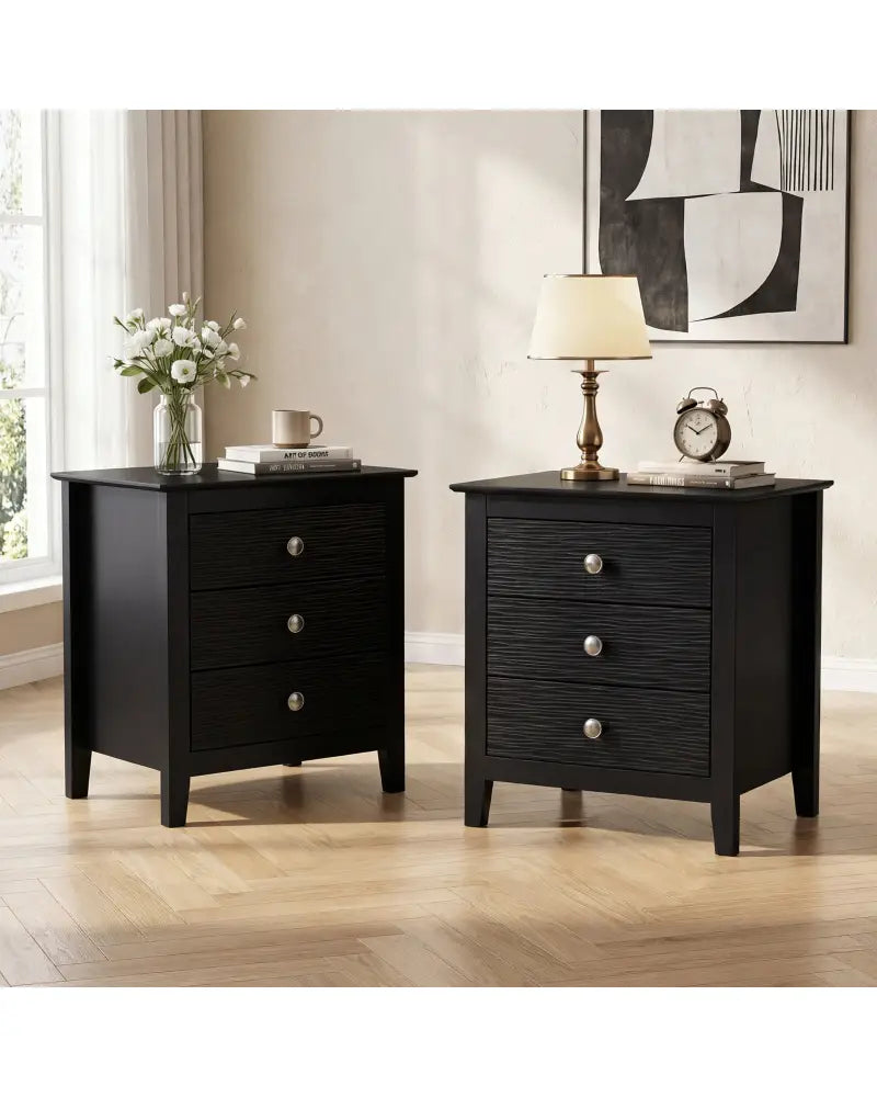 Modern Farmhouse 3-Drawer Night Stand with Wood Grain Accents for Bedroom-Black - Black - Nightstands