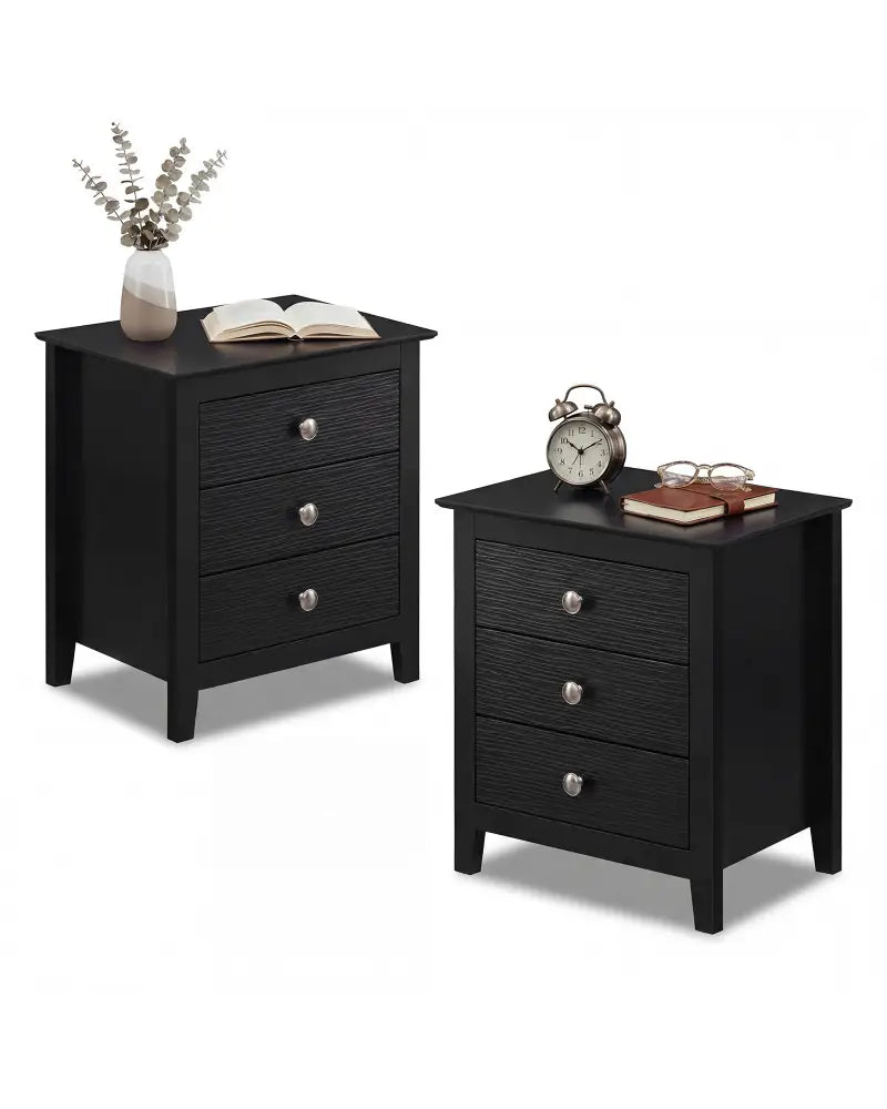 Modern Farmhouse 3-Drawer Night Stand with Wood Grain Accents for Bedroom-Black - Black - Nightstands