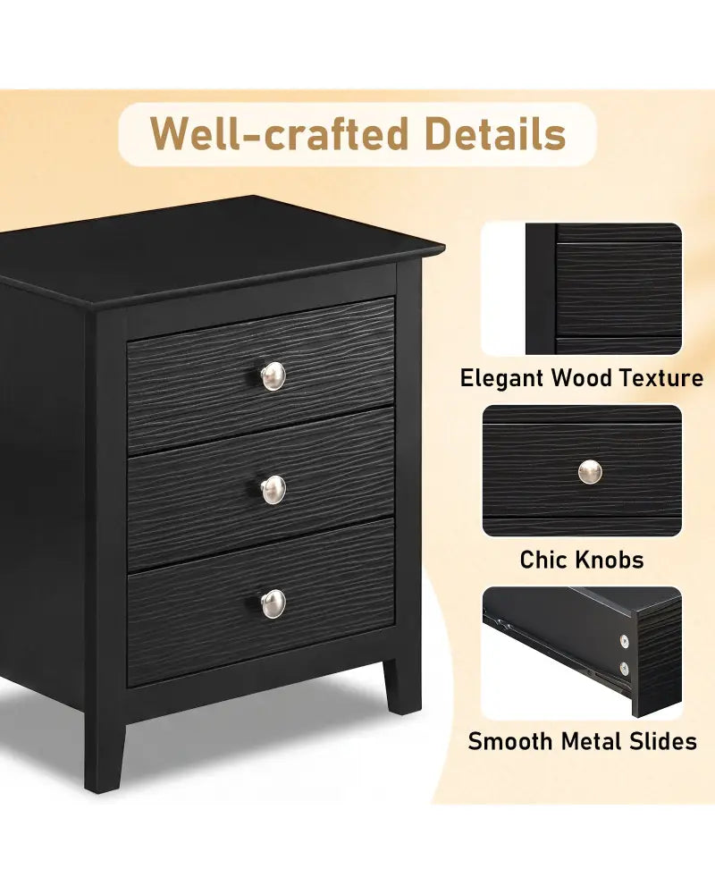 Modern Farmhouse 3-Drawer Night Stand with Wood Grain Accents for Bedroom-Black - Black - Nightstands