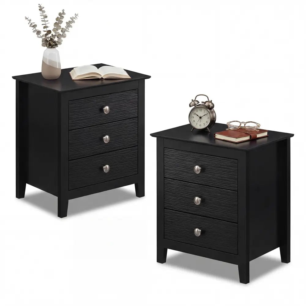 Modern Farmhouse 3-Drawer Night Stand with Wood Grain Accents for Bedroom-Black - Black - Nightstands