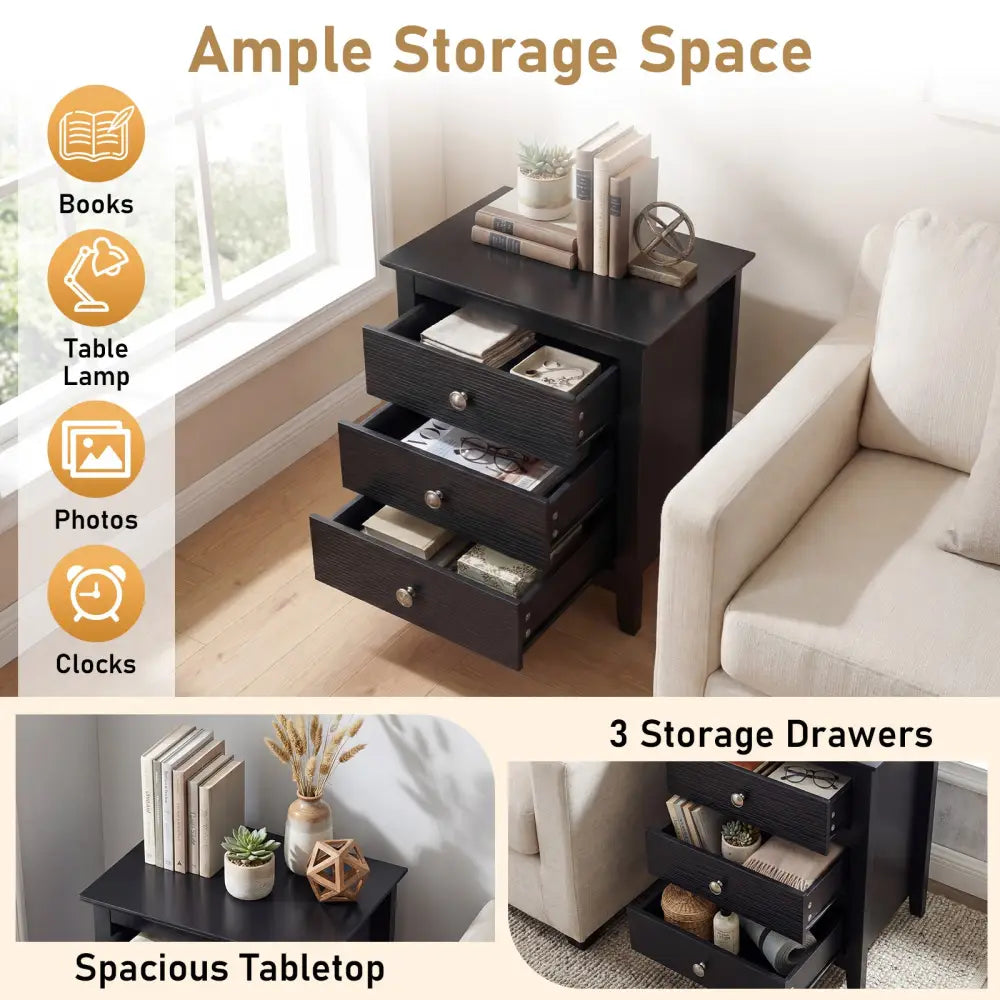 Modern Farmhouse 3-Drawer Night Stand with Wood Grain Accents for Bedroom-Black - Black - Nightstands