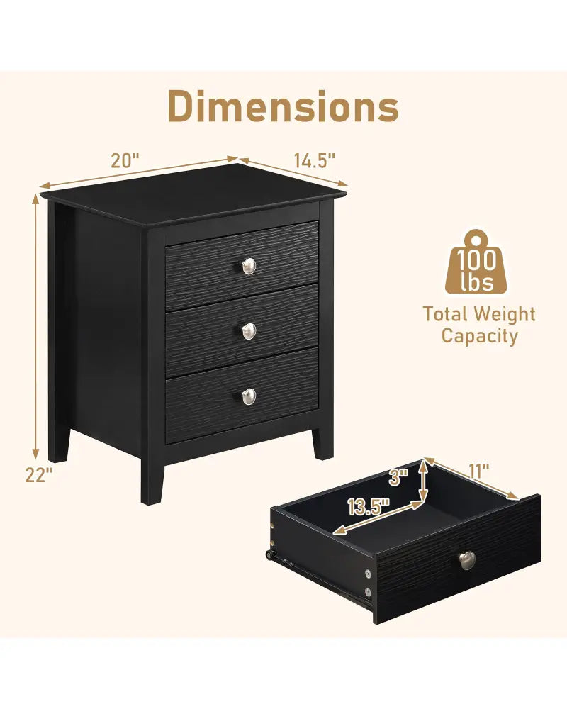Modern Farmhouse 3-Drawer Night Stand with Wood Grain Accents for Bedroom-Black - Black - Nightstands