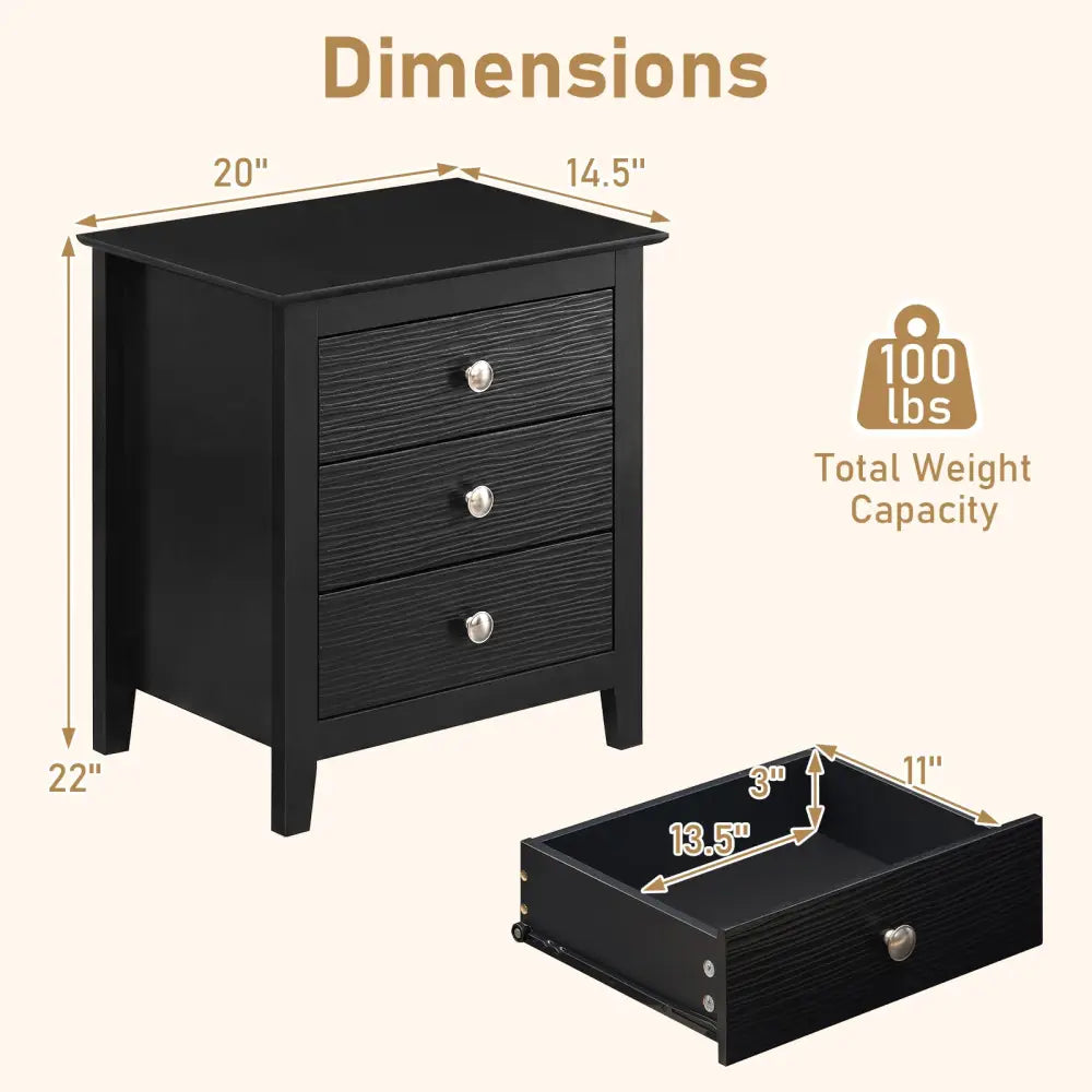Modern Farmhouse 3-Drawer Night Stand with Wood Grain Accents for Bedroom-Black - Black - Nightstands