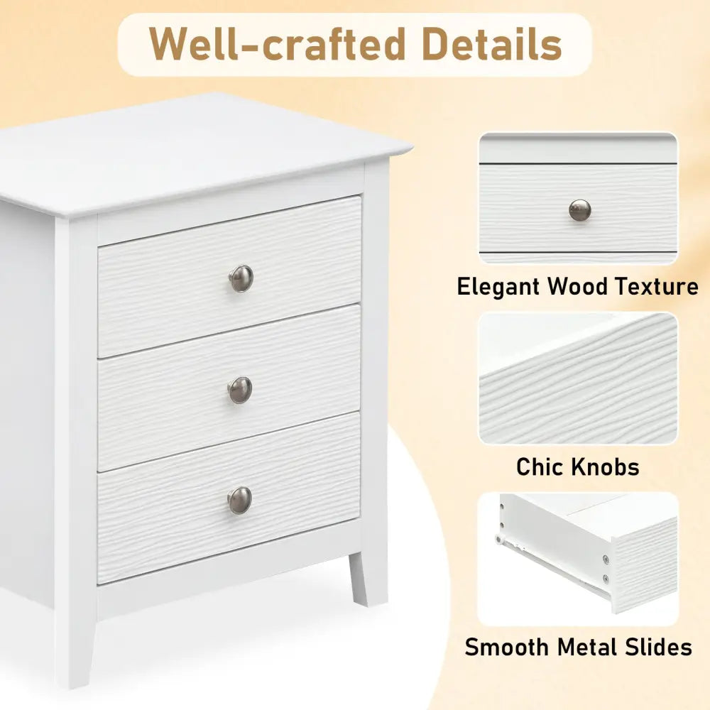 Modern Farmhouse 3-Drawer NightStand with Wood Grain Accents and Sleek Knobs-White - White - Nightstands