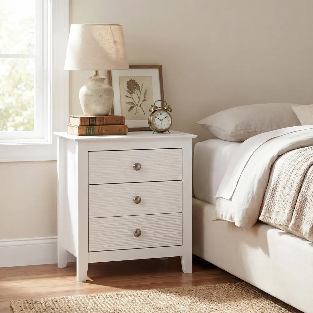Modern Farmhouse 3-Drawer NightStand with Wood Grain Accents and Sleek Knobs-White - White - Nightstands