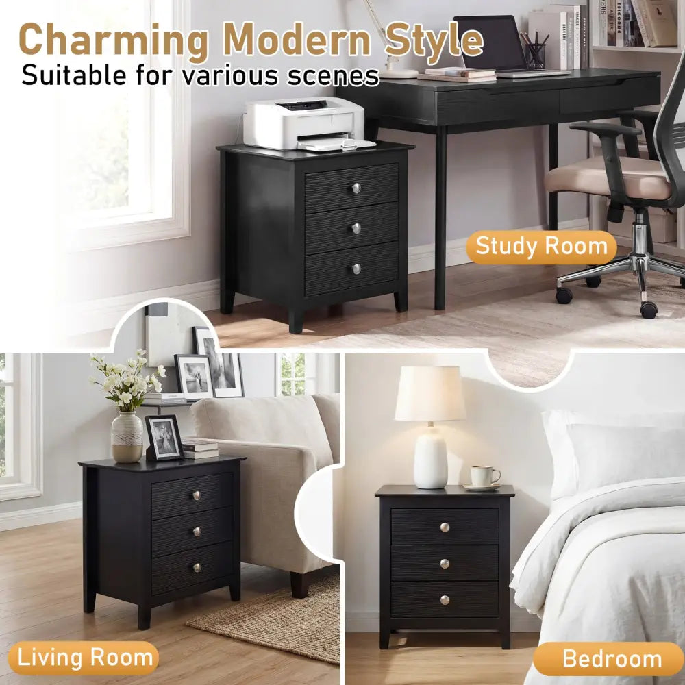 Modern Farmhouse 3-Drawer NightStand with Wood Grain Accents and Sleek Knobs-Black - Black - Nightstands