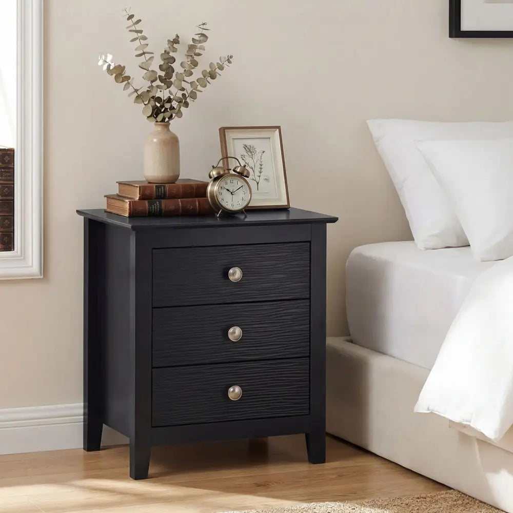 Modern Farmhouse 3-Drawer NightStand with Wood Grain Accents and Sleek Knobs-Black - Black - Nightstands
