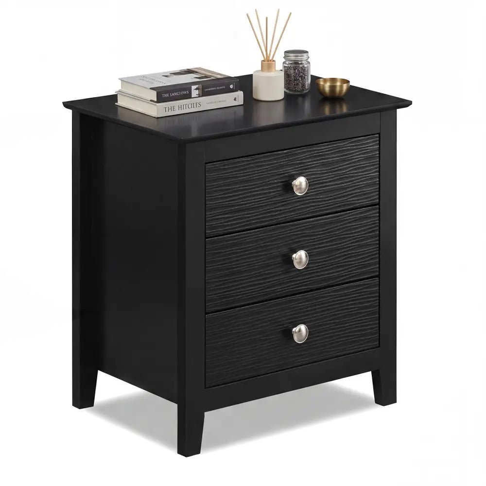 Modern Farmhouse 3-Drawer NightStand with Wood Grain Accents and Sleek Knobs-Black - Black - Nightstands