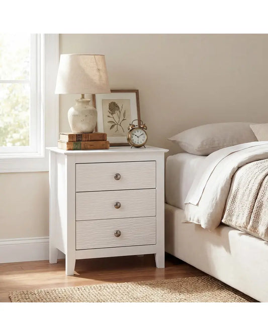 Modern Farmhouse 3-Drawer NightStand with Wood Grain Accents and Sleek Knobs-White - White - Nightstands