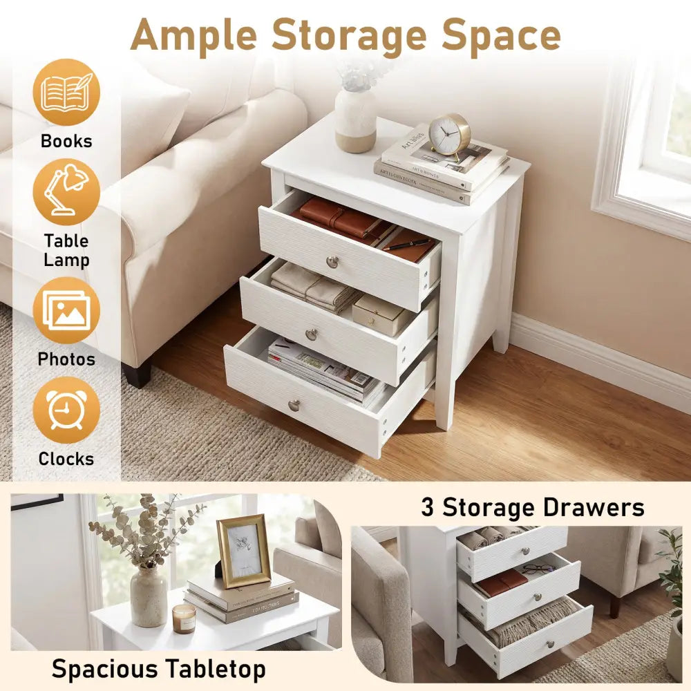 Modern Farmhouse 3-Drawer NightStand with Wood Grain Accents and Sleek Knobs-White - White - Nightstands