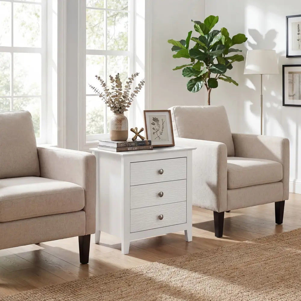 Modern Farmhouse 3-Drawer NightStand with Wood Grain Accents and Sleek Knobs-White - White - Nightstands