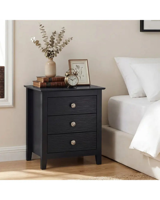 Modern Farmhouse 3-Drawer NightStand with Wood Grain Accents and Sleek Knobs-Black - Black - Nightstands