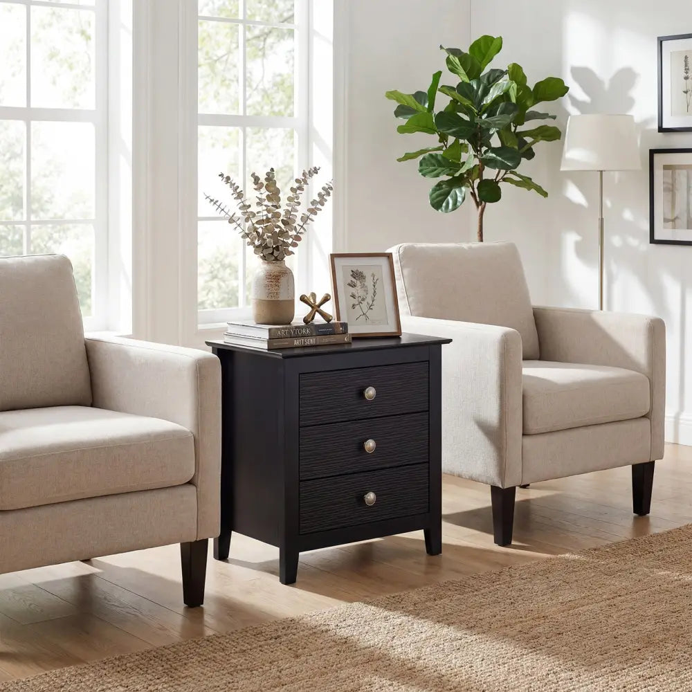 Modern Farmhouse 3-Drawer NightStand with Wood Grain Accents and Sleek Knobs-Black - Black - Nightstands