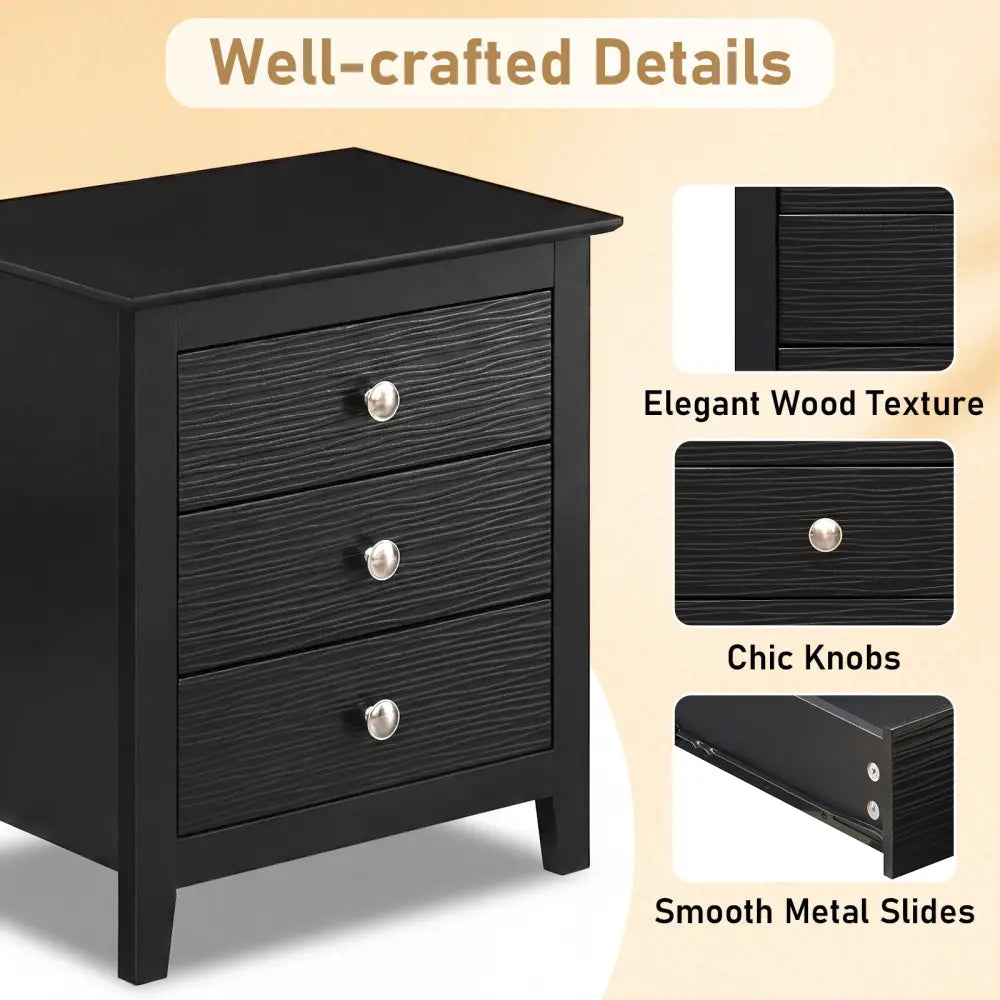 Modern Farmhouse 3-Drawer NightStand with Wood Grain Accents and Sleek Knobs-Black - Black - Nightstands