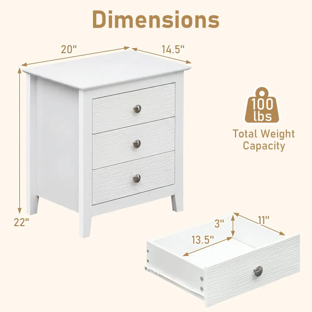 Modern Farmhouse 3-Drawer NightStand with Wood Grain Accents and Sleek Knobs-White - White - Nightstands