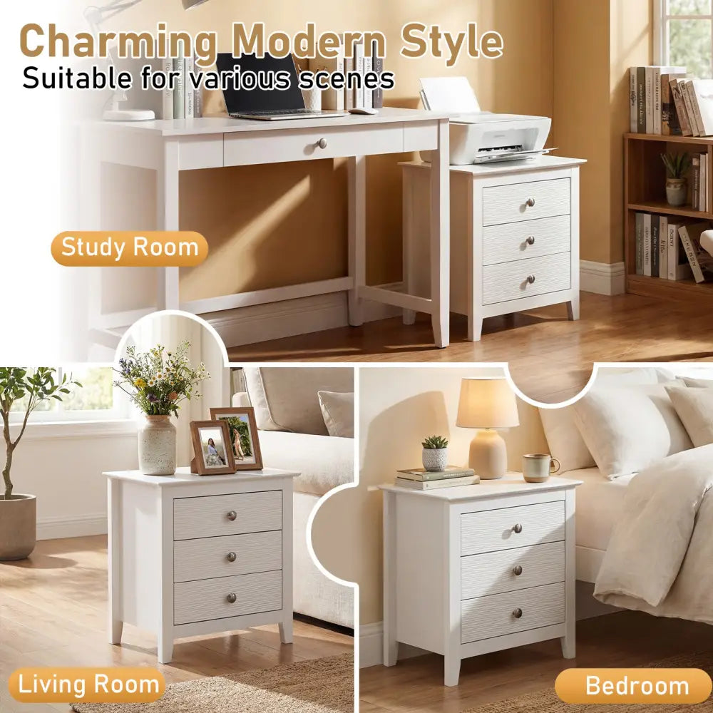 Modern Farmhouse 3-Drawer NightStand with Wood Grain Accents and Sleek Knobs-White - White - Nightstands