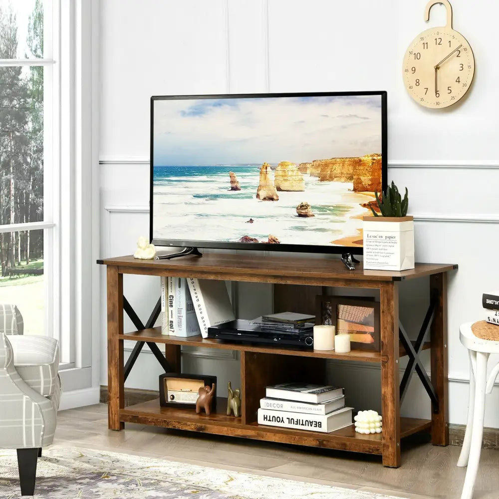Modern Farmhouse TV Stand Entertainment Center for TV’s up to 55-Inch with Open Shelves-Brown - Brown - Entertainment